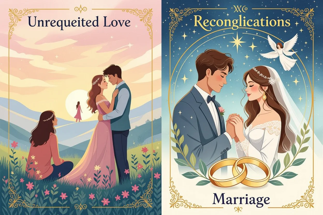 恋愛の様々な段階を表現したアート、片思いから結婚までの心理状態