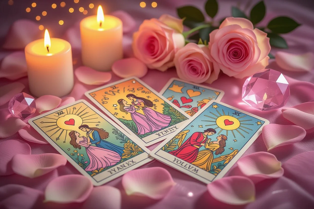 恋愛タロットカード占いの神秘的な風景、ローズクォーツとキャンドルに囲まれた恋愛運タロットスプレッド