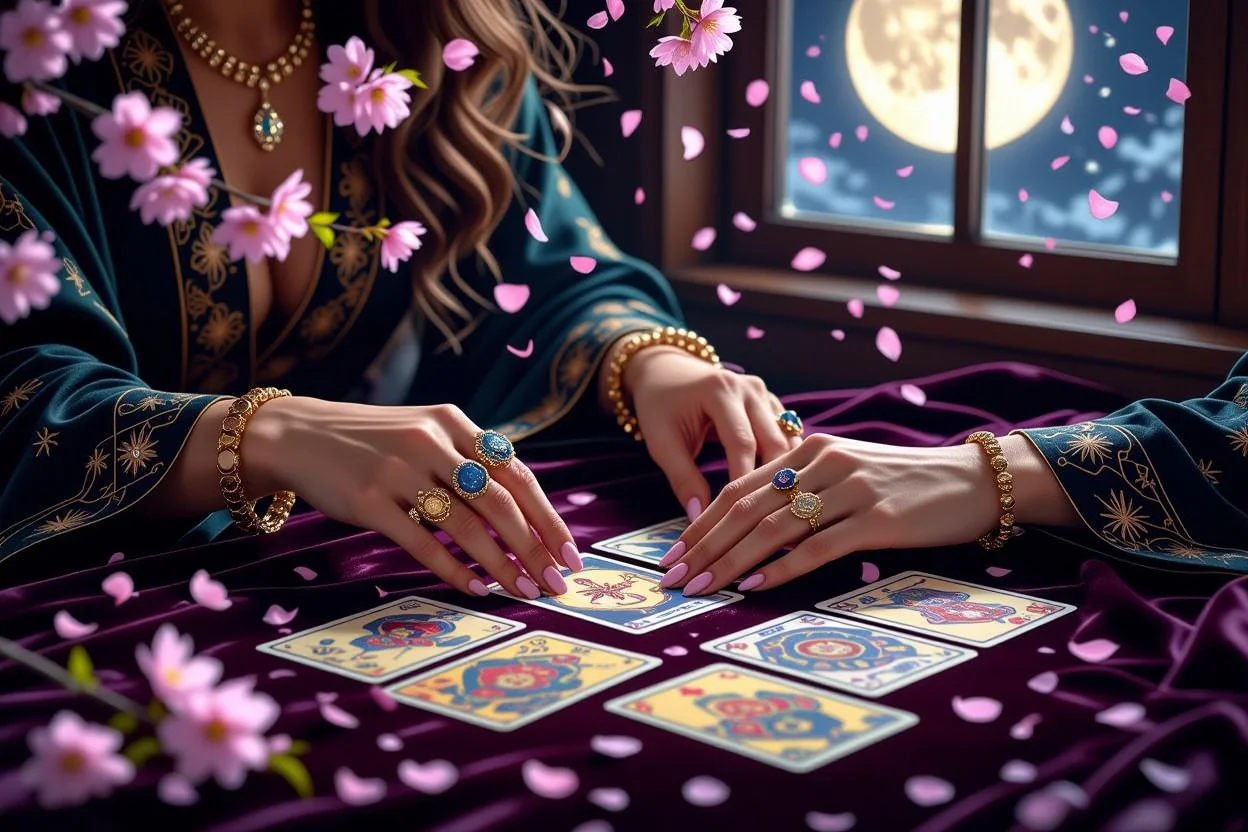 恋愛タロット占い師の手によるカード展開、月光と桜の花びらが舞う神秘的な占いのシーン