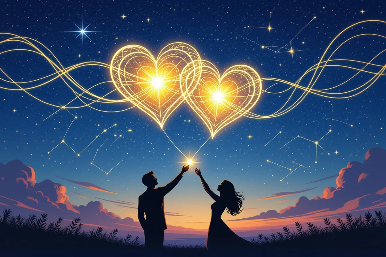 恋愛運アップと恋の未来を表現する運命の赤い糸と星空のロマンチックなイメージ