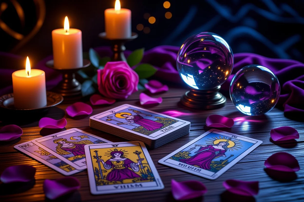 恋愛タロットカードの神秘的なリーディングシーン、光と影のコントラスト