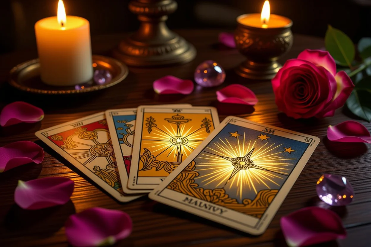 恋愛タロット占いカードとキャンドルの神秘的な雰囲気の画像