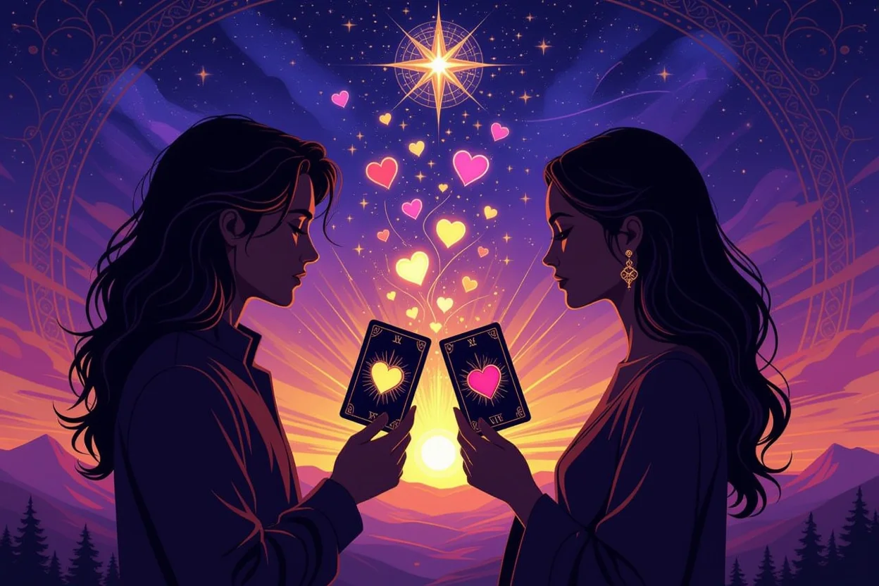 恋愛における深層心理と本音を表すタロットと人影のアート