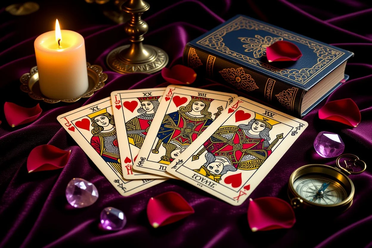 恋愛タロットカード占いのイメージ、キャンドルの光で照らされた神秘的なカード