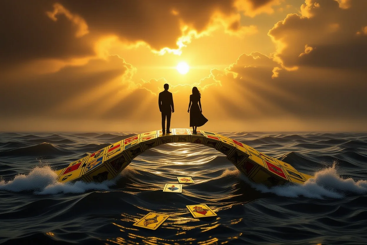 恋愛の困難を乗り越えるイメージ、タロットカードで作られた橋を渡るカップル