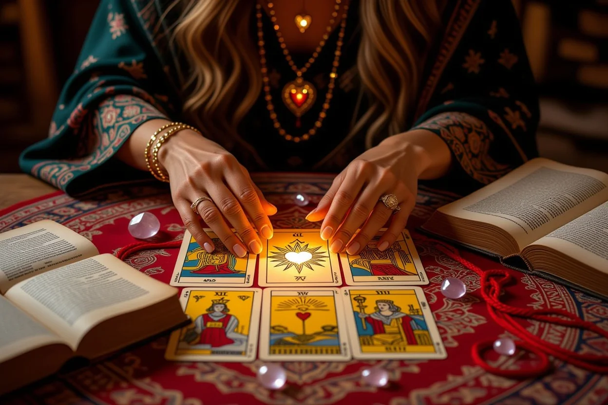 占い師による恋愛タロット相談の様子、深層心理を読み解く神秘的なシーン