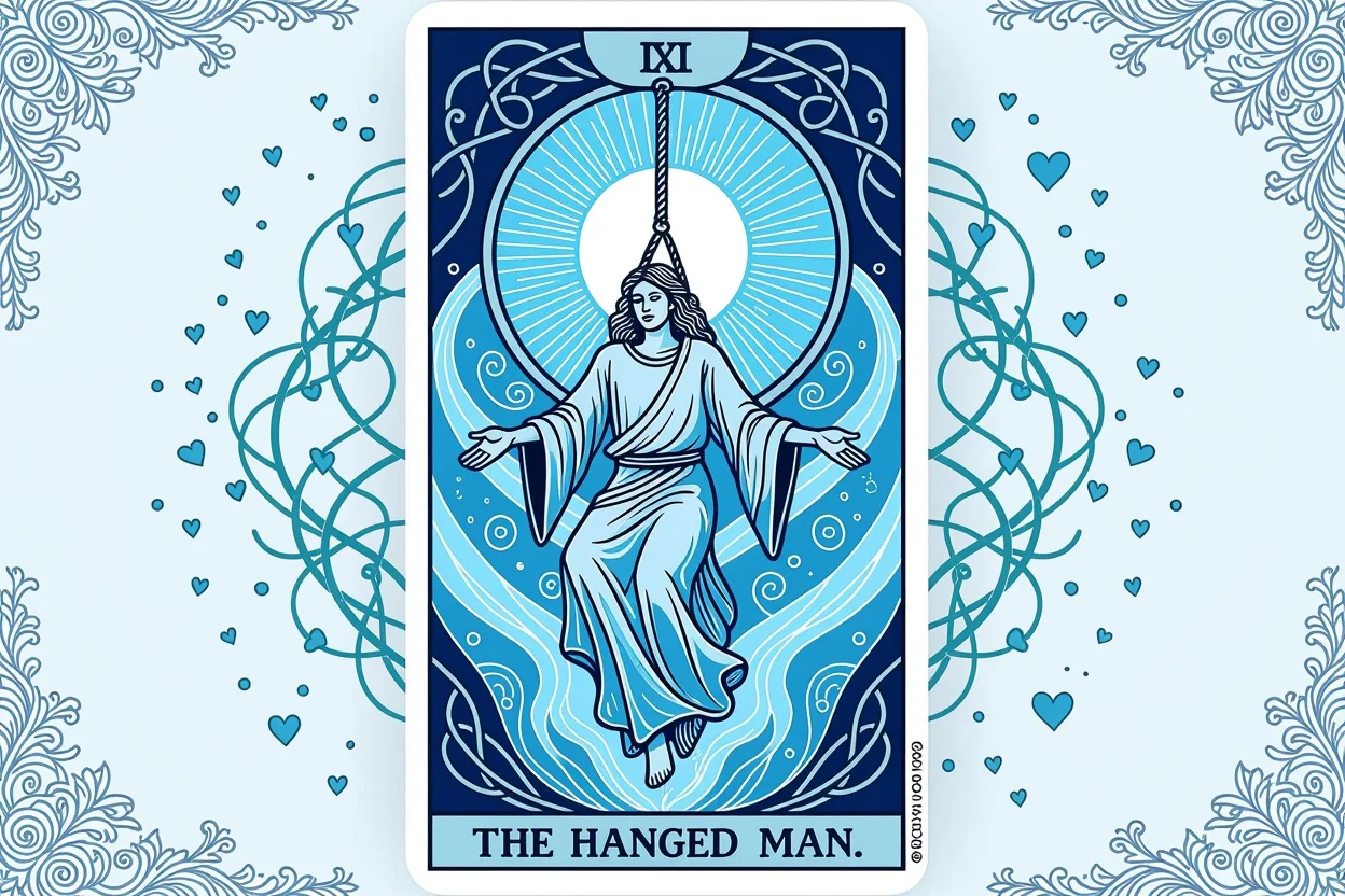吊るされた男のタロットカードと恋愛関係の停滞を表現したアート