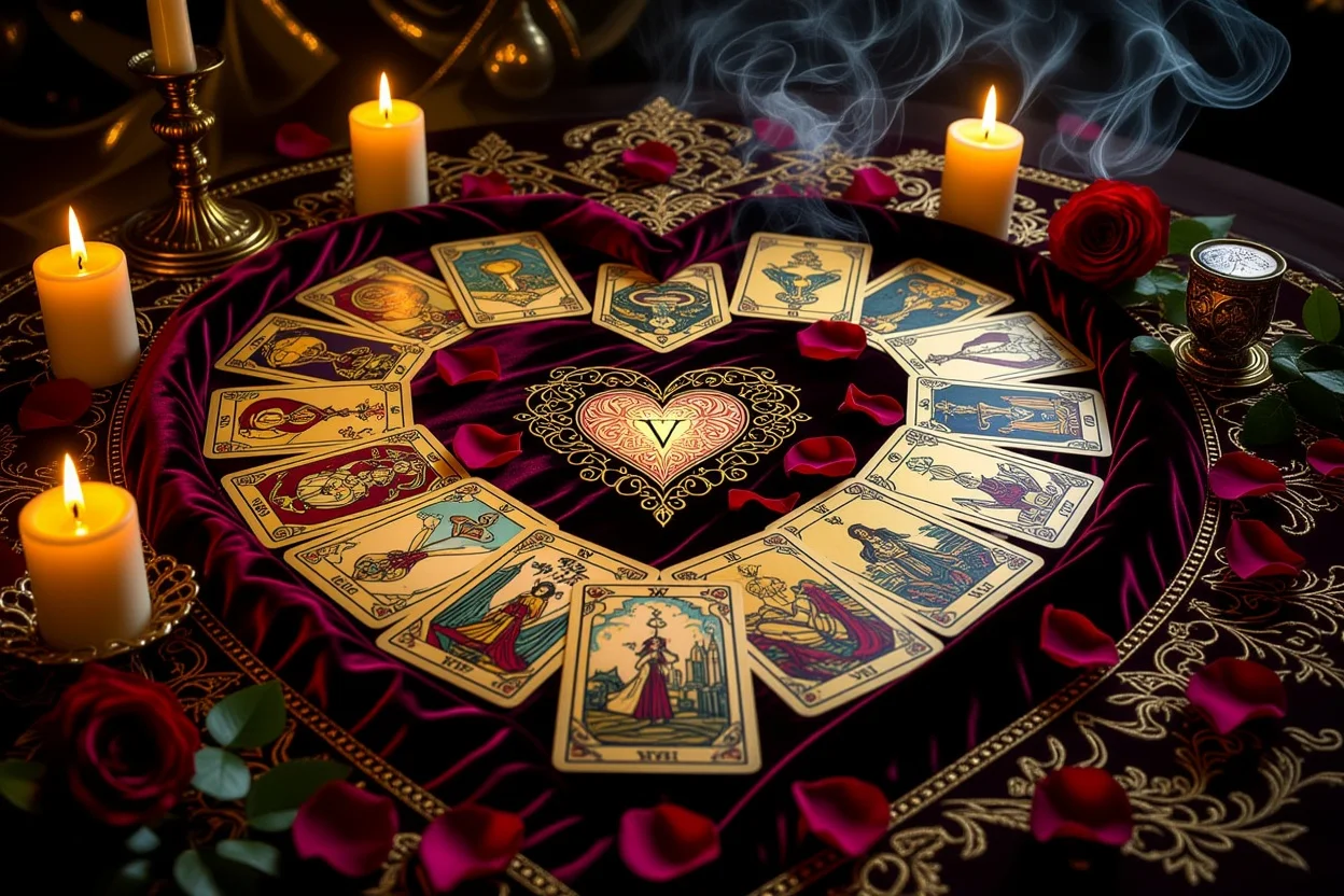 恋愛タロット占いカードが心の形に配置された神秘的なタロットリーディングシーン