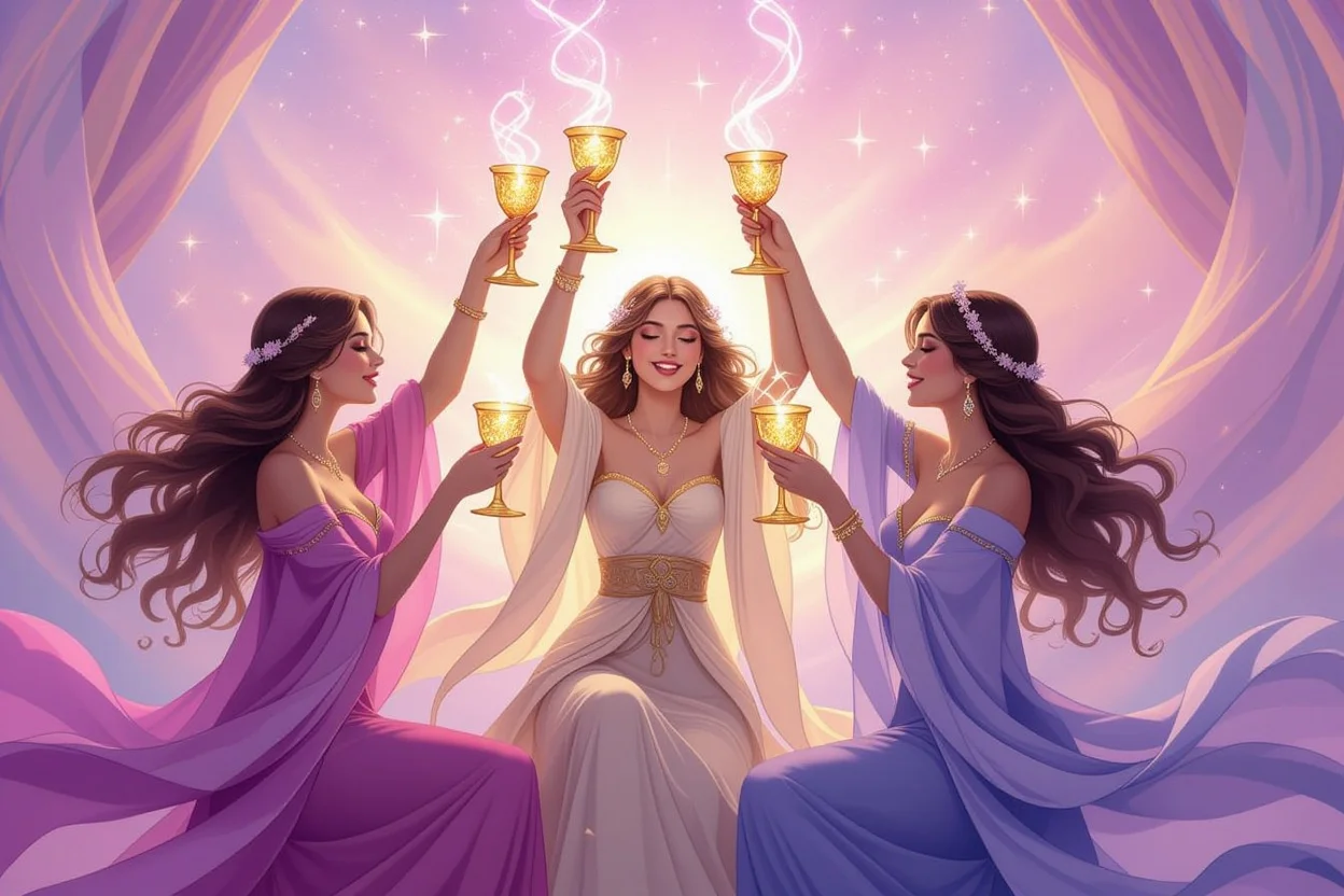 カップの3のタロットカードを美しく描いた恋愛の深層心理を表すイラスト