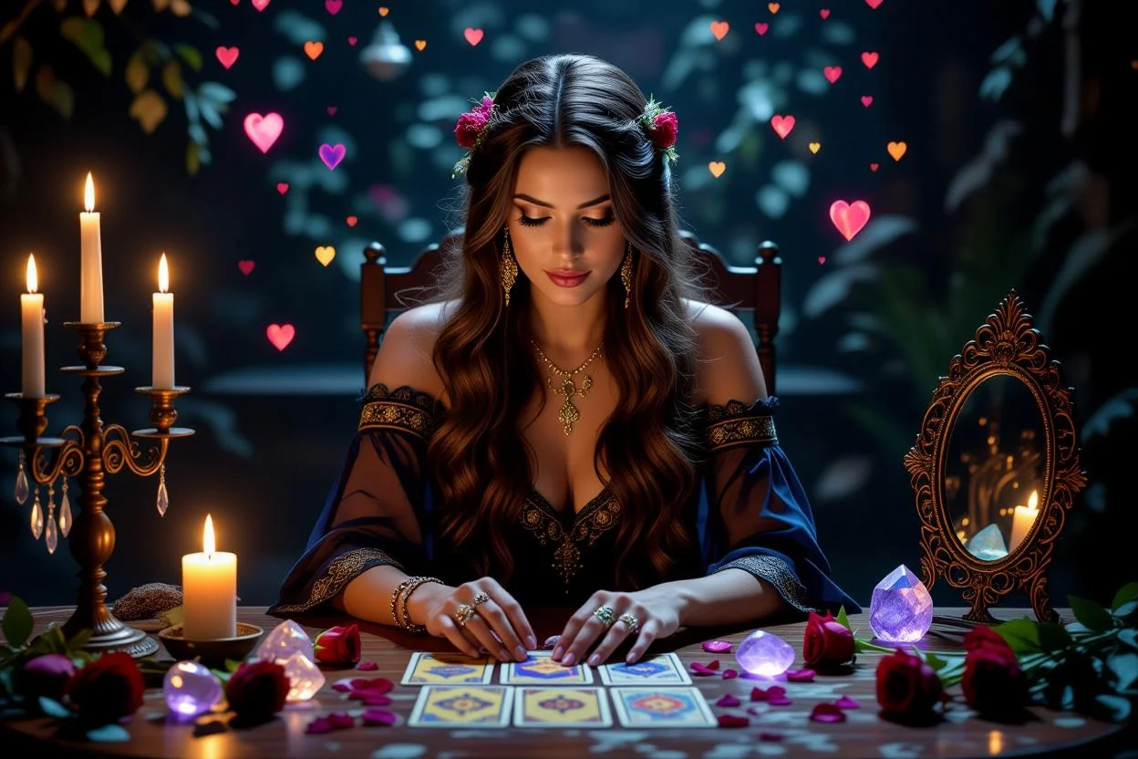 恋愛の未来を占う美しいタロット占い師の神秘的なリーディングシーン