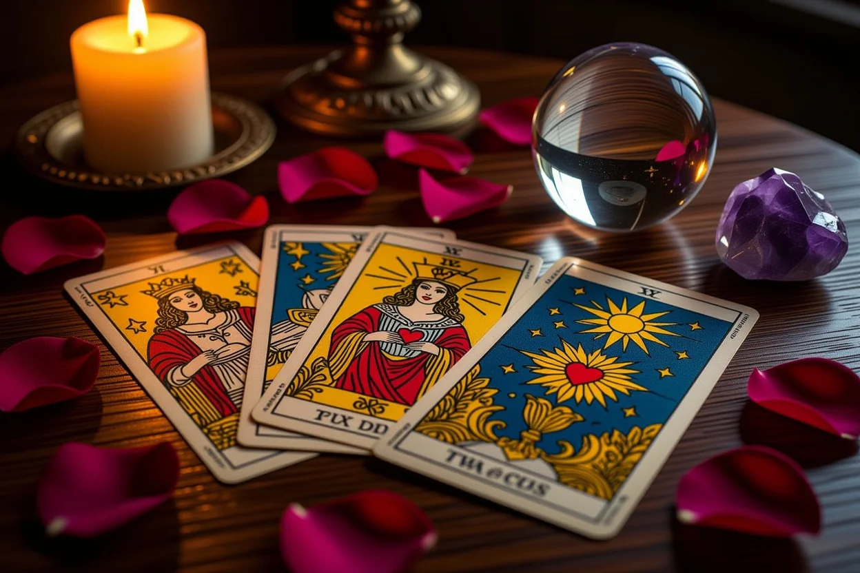 恋愛タロット占いのカードと薔薇の花びらが美しく配置された神秘的な占いの様子