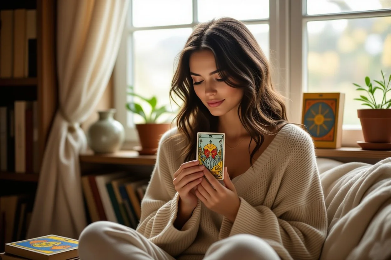 タロットカードを使った自己対話と内面を見つめる女性の瞑想的な様子