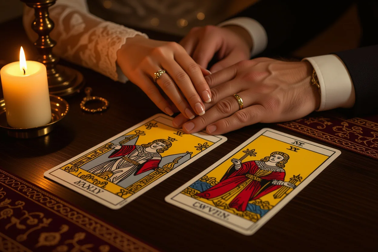 大人の恋愛タロット占い - ペンタクル10のカードと成熟したカップルの手