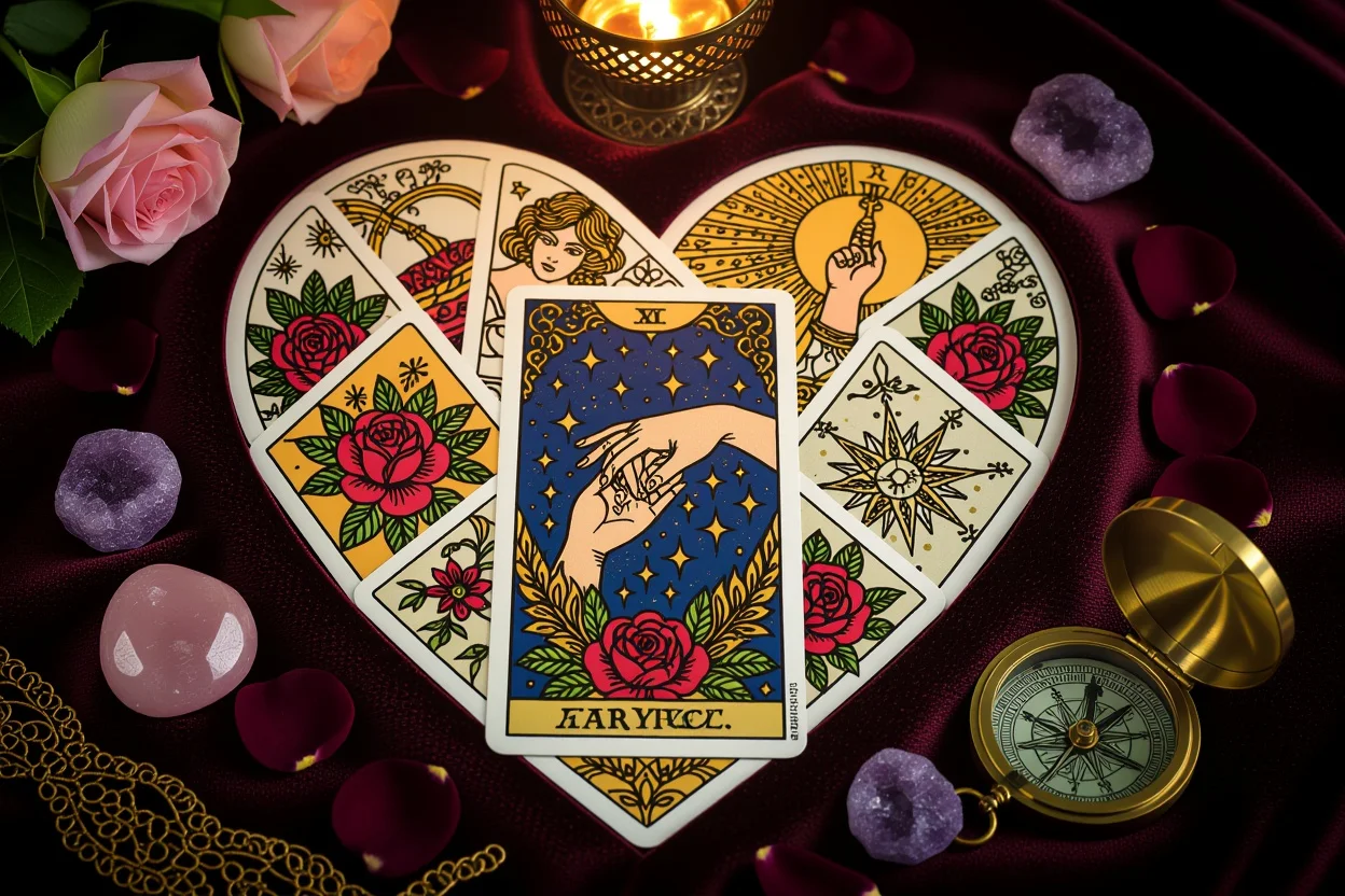 恋愛タロットスプレッド - ハート型に配置されたタロットカードと恋愛運アップアイテム