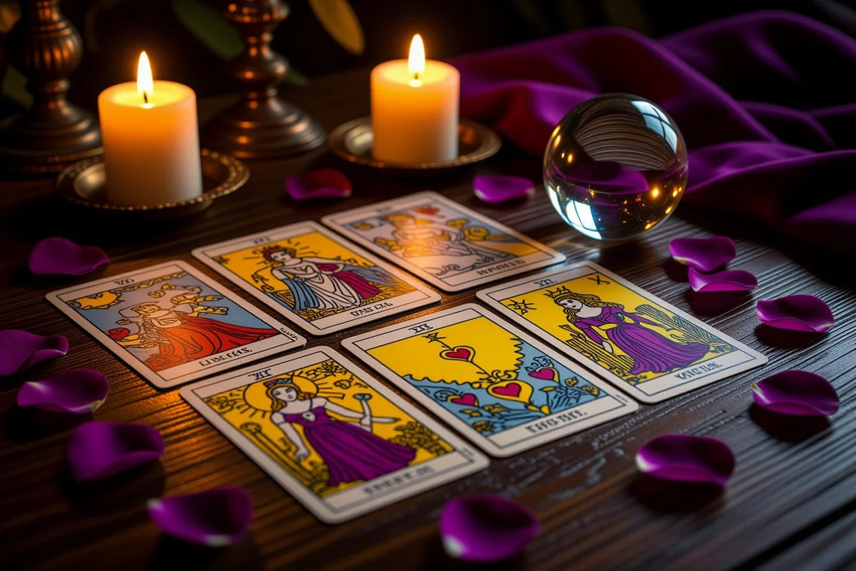恋愛タロットカードスプレッドとキャンドルライトの神秘的な占い風景