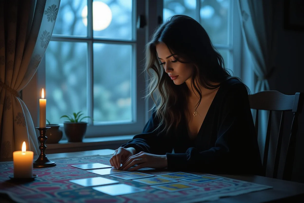 タロットカードを見つめながら深く考える人のシルエット、月光の中での内省