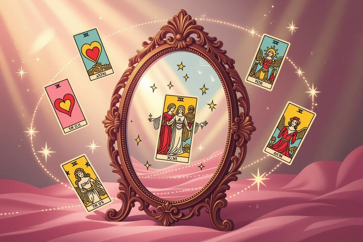 鏡に映るタロットカード、恋愛関係の真実を映し出す神秘的なイメージ