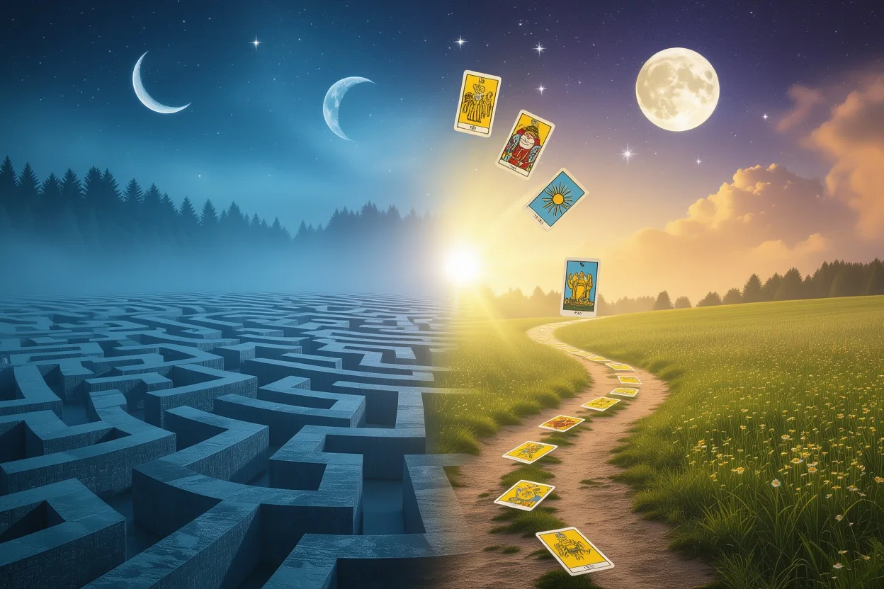 恋愛の迷宮から明瞭さへの変化、タロットによる導きを表現したアート