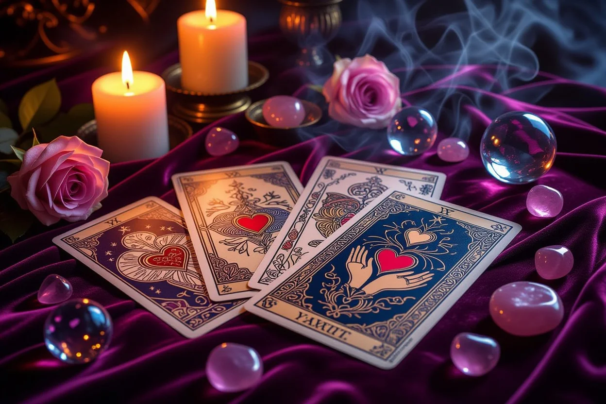 恋愛タロット占いのカードリーディング風景、神秘的な雰囲気でキャンドルライトに照らされたタロットカード