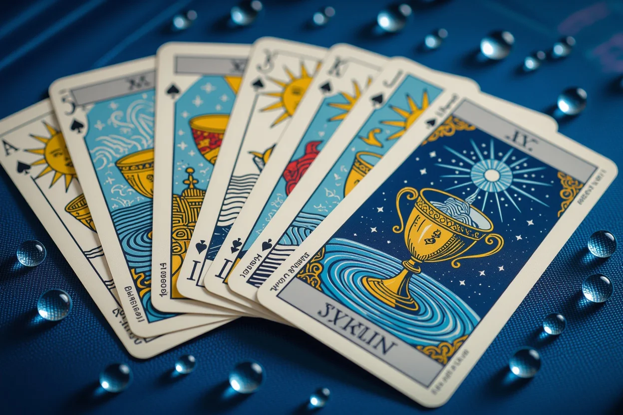 カップスートのタロットカード、感情と恋愛を象徴する水の要素とカップが描かれた美しいカードの配列