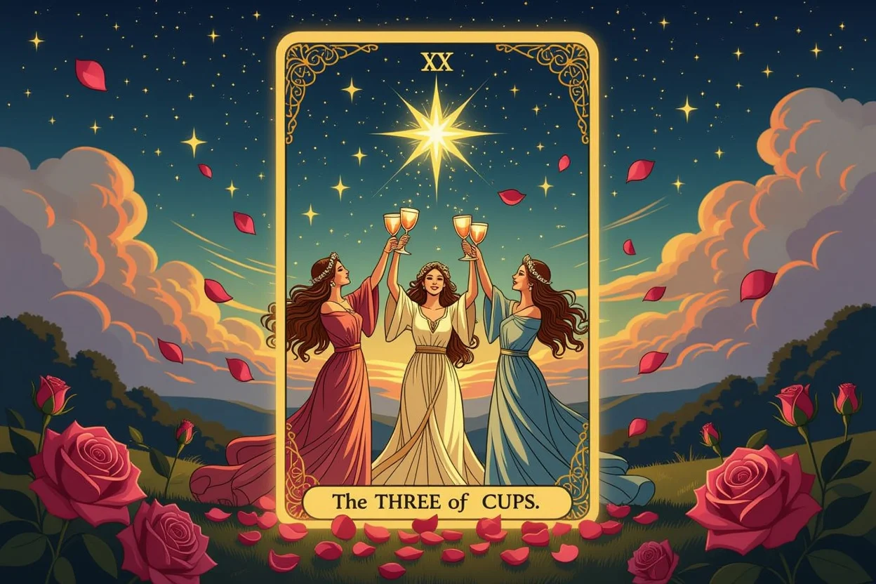 カップの3のタロットカード、3つのカップと人物が描かれた恋愛における喜びの共有を象徴するカード