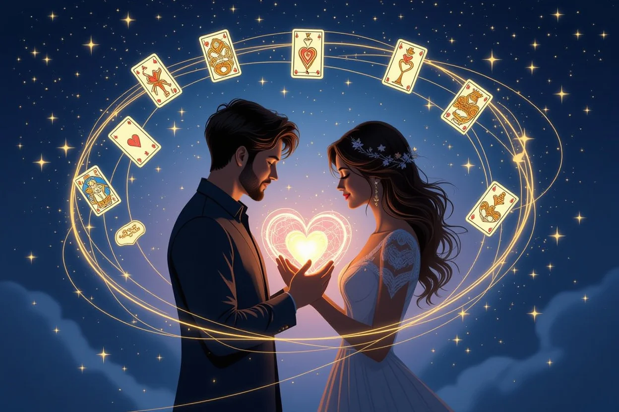 隠された本音と感情を表現する神秘的なイメージ、カップルのシルエットと光る心臓、浮遊するタロットカード