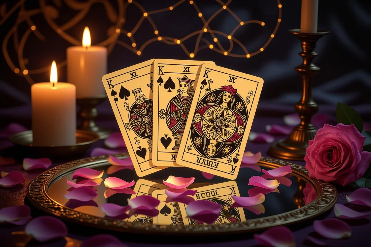 恋愛タロットカードと鏡に映る深層心理のイメージ