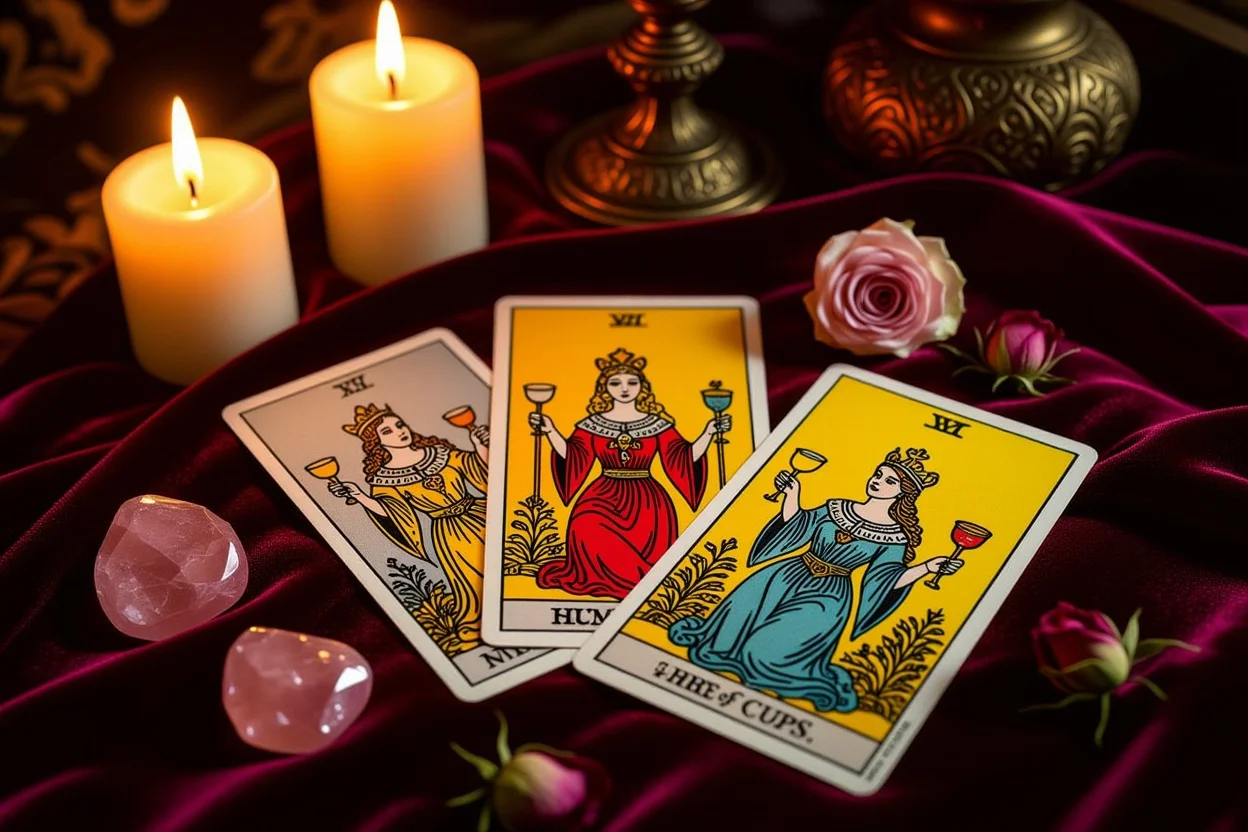 恋愛タロットカードリーディングの神秘的なシーン、カップスートのカードと薔薇の結晶