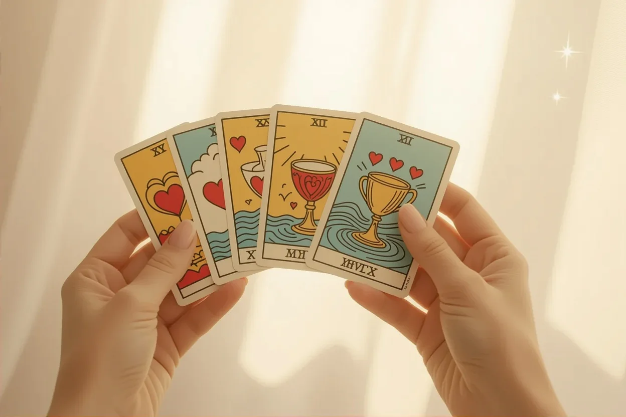 タロットカードを持つ手、恋愛の悩みと深層心理を表現した幻想的な画像