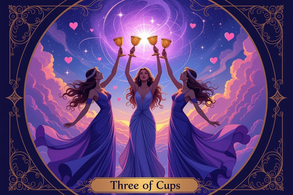 カップの3のタロットカードが生命を持つ幻想的なアート、恋愛感情と共感を象徴