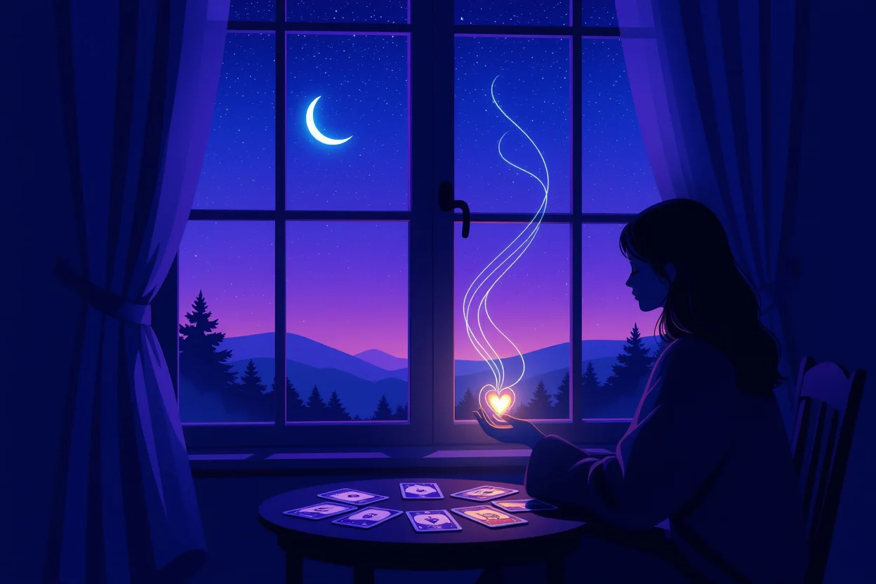 夜空を背景にしたタロット占いの瞑想的なシーン、内なる感情と心理の鏡を表現