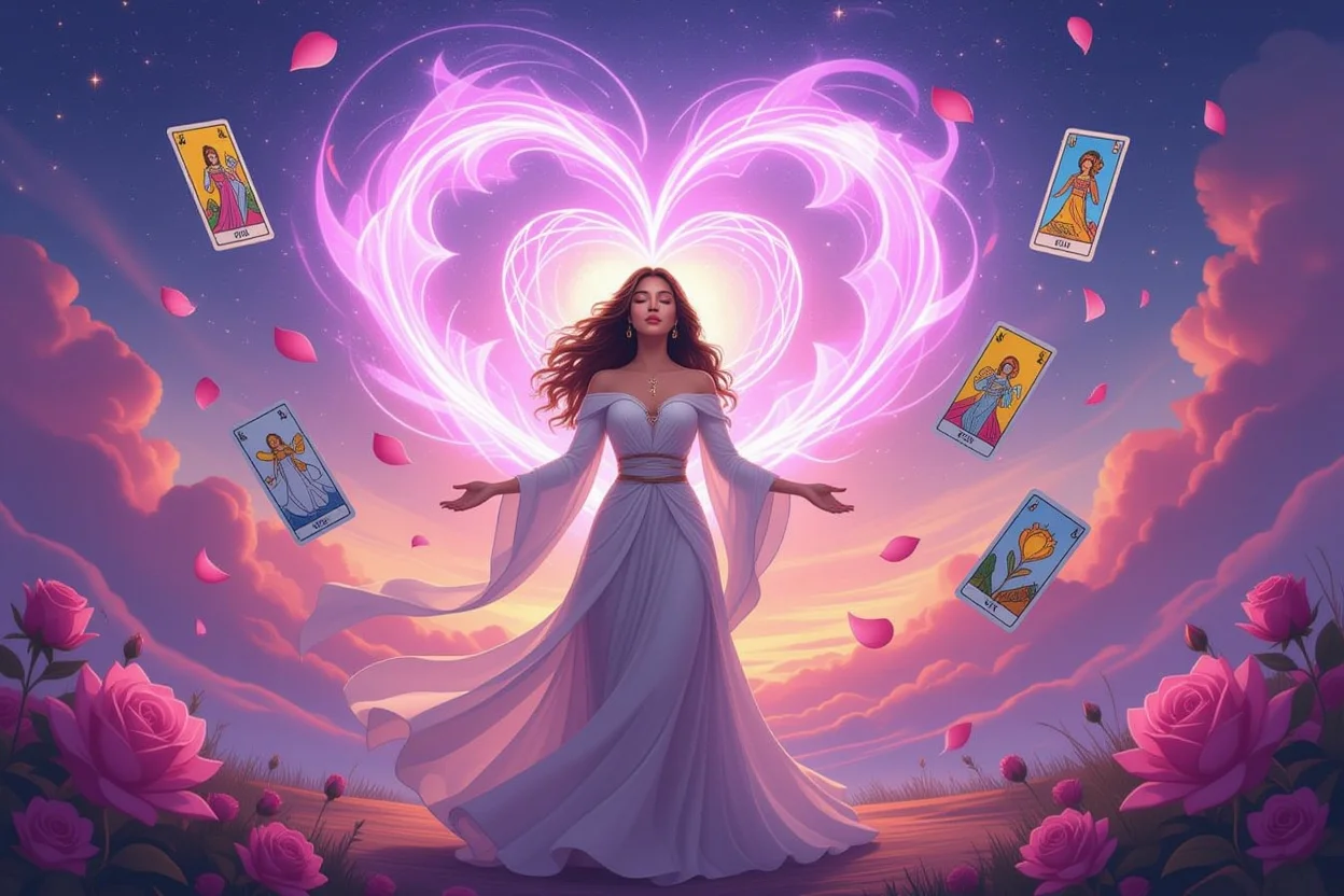 魅力的な女性のオーラとタロットカードの神秘的なエネルギー