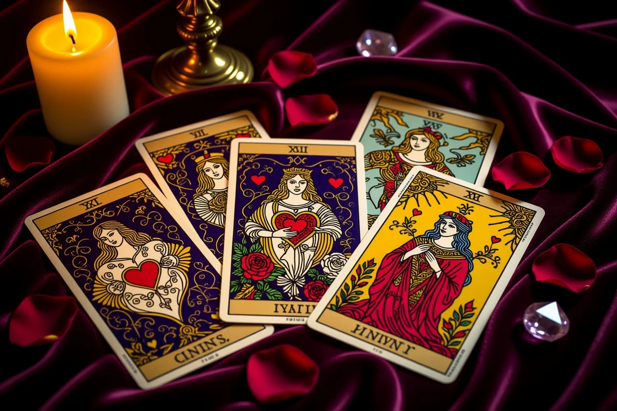 恋愛タロット占いのカードスプレッド、運命の輪、恋愛運を占う神秘的なタロットカード