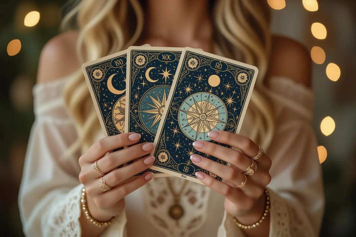 タロットカードを持つ手、恋愛占い師、片思い復縁結婚運のタロット占い