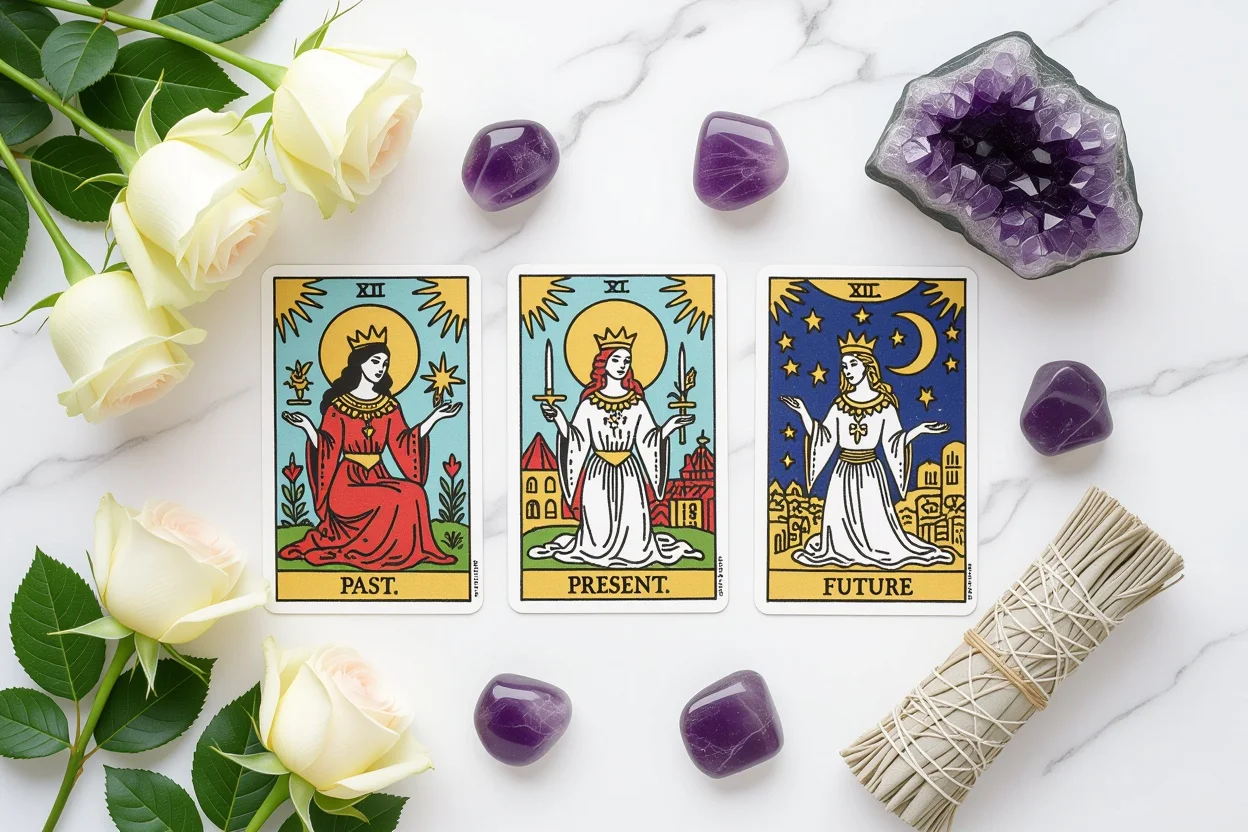 恋愛タロット三枚スプレッド、過去現在未来の恋愛運、タロット占いセットアップ