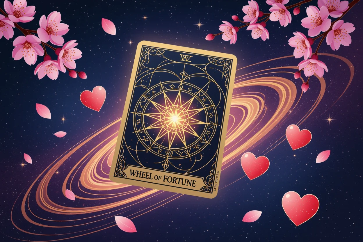 運命の輪タロットカード、恋愛運命を変える、宇宙エネルギーと桜の花びら