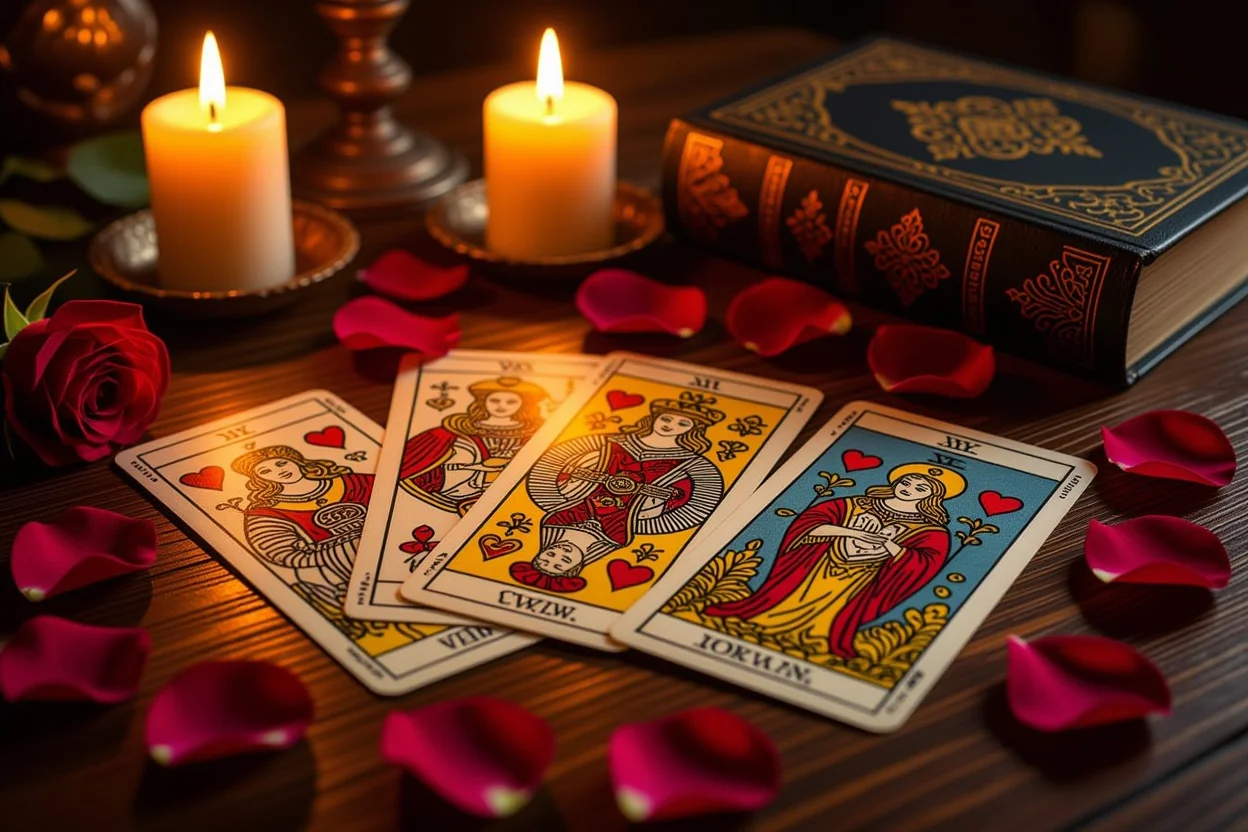 恋愛タロットカードリーディングの神秘的なシーン、キャンドルの光とバラの花びらに囲まれたタロットカード