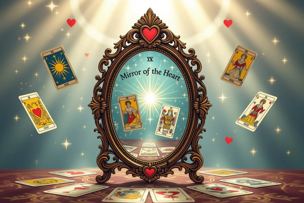心の鏡としてのタロット、アンティークミラーに映るタロットカードと神秘的な光