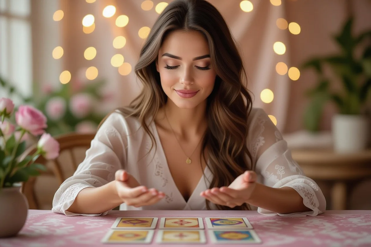 瞑想しながら恋愛タロットリーディングをする女性、直感的なカードとのつながりを表現