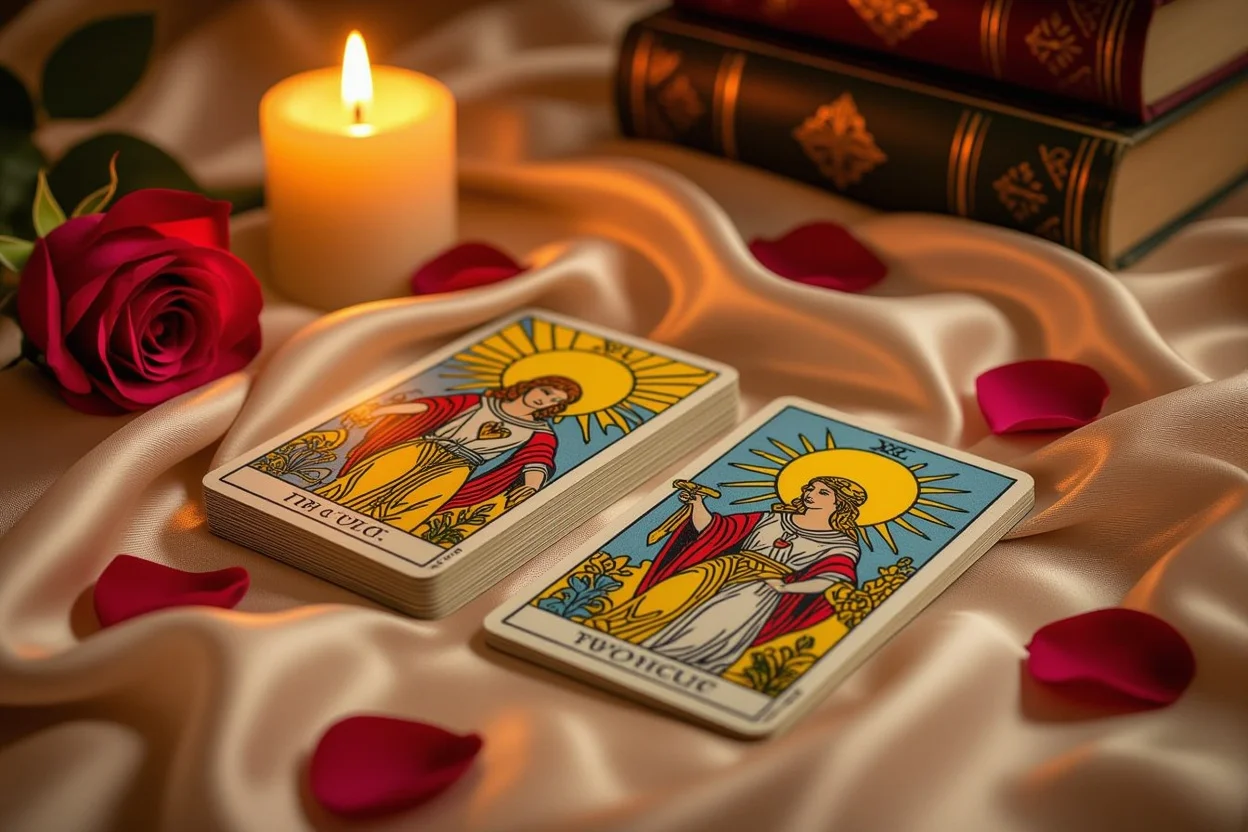 恋愛タロットカードと薔薇の花びら、キャンドルライトで照らされた神秘的な占いの様子