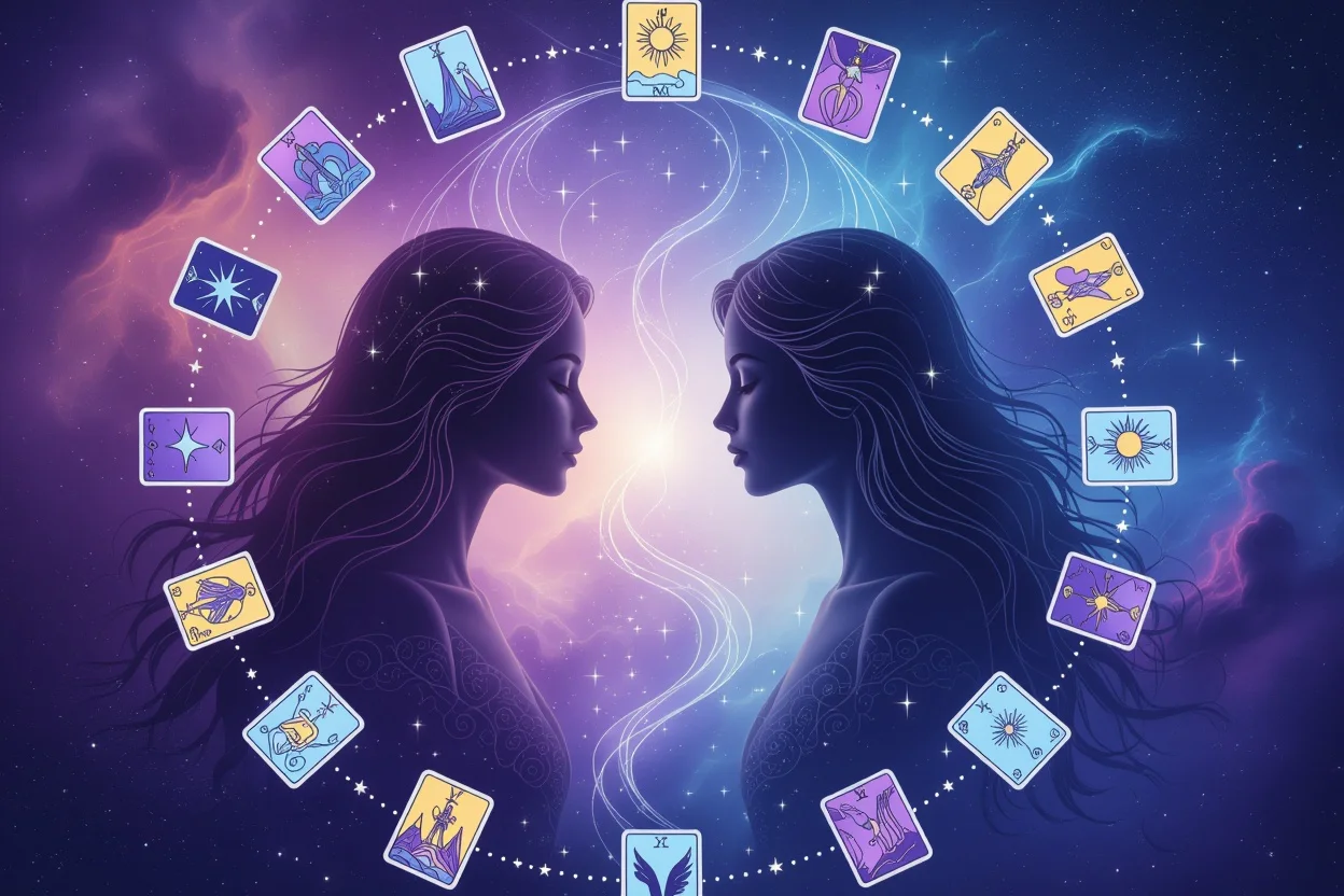 魂の繋がりを表現する光る人影とタロットカード、宇宙的な背景の神秘的なイメージ