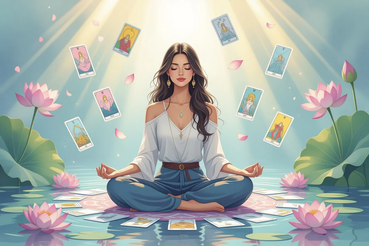 瞑想する女性とタロットカード、内面の成長と自己受容を表現したスピリチュアルな水彩画風イメージ