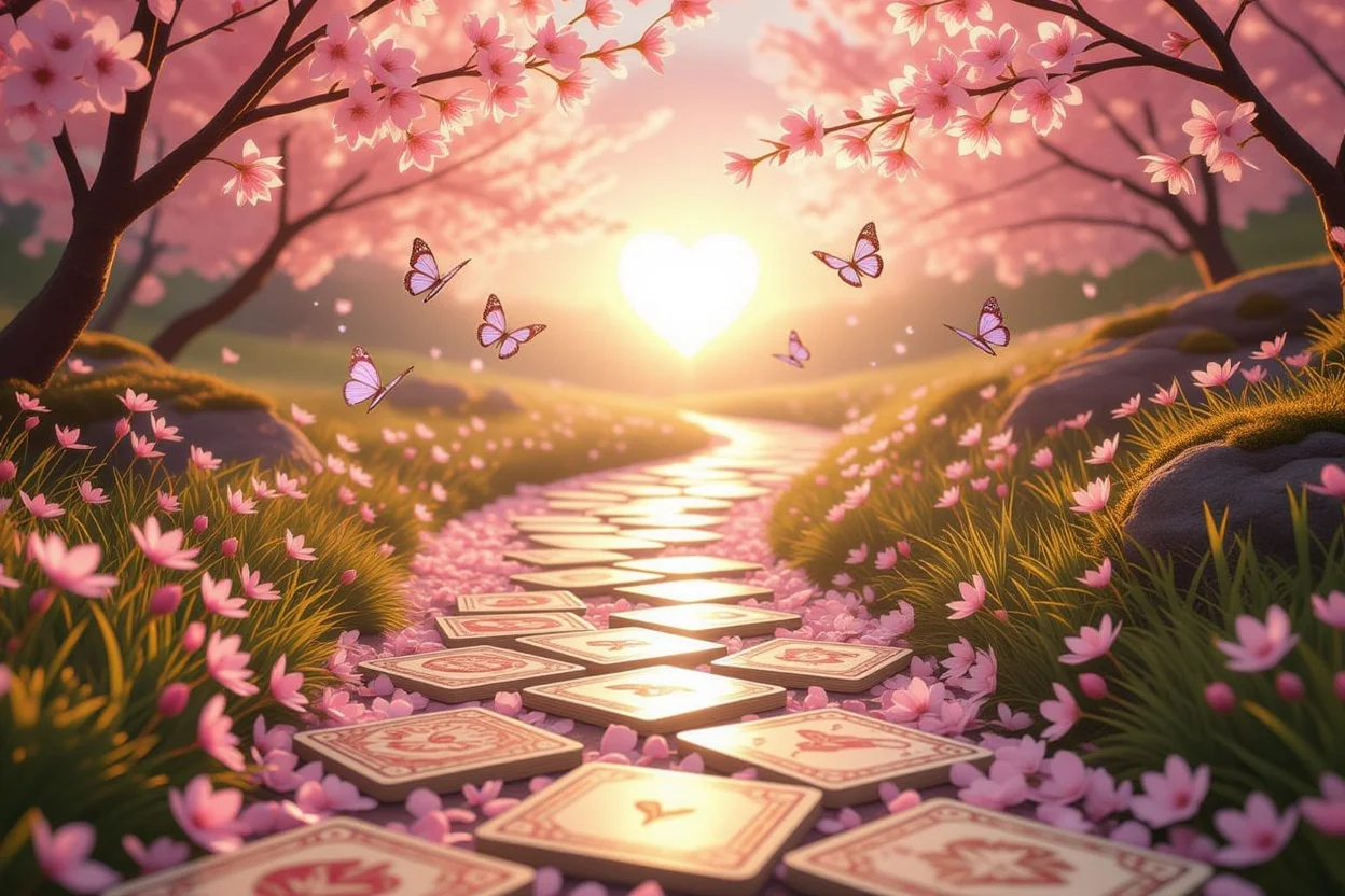 タロットカードで作られた神秘的な道と桜の花、真実の愛への精神的な旅路を表現したファンタジー風景