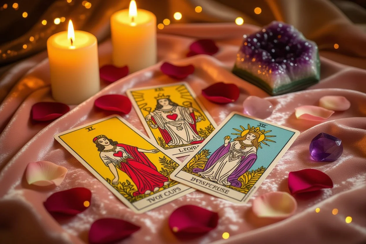 恋愛タロットカードと薔薇の花びらが散りばめられた神秘的なタロット占いのシーン