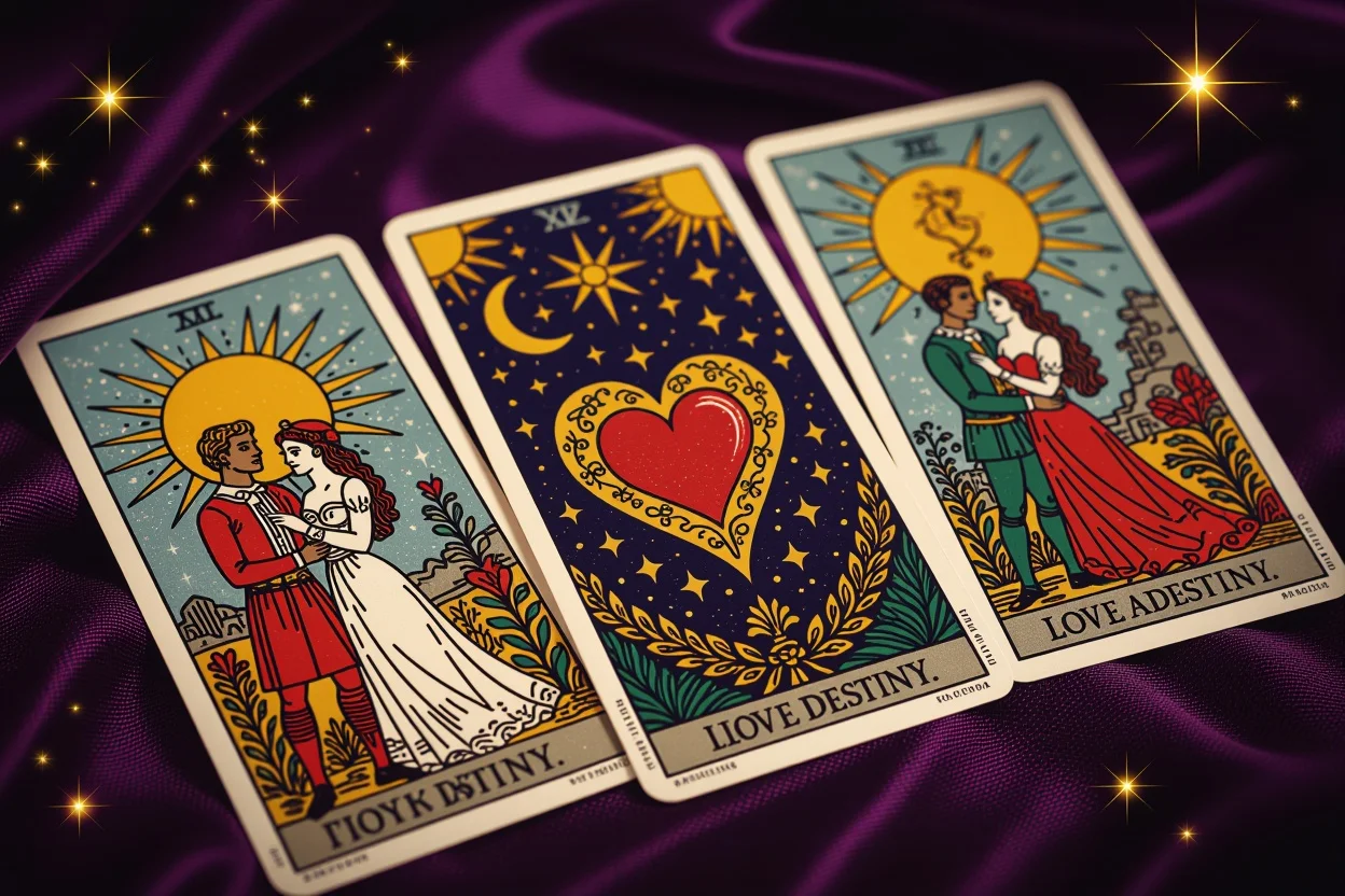運命の恋を示す重要な恋愛タロットカード3枚のクローズアップ