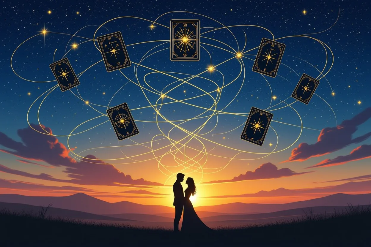 星空に浮かぶタロットカードと運命の糸で結ばれたカップルのシルエット