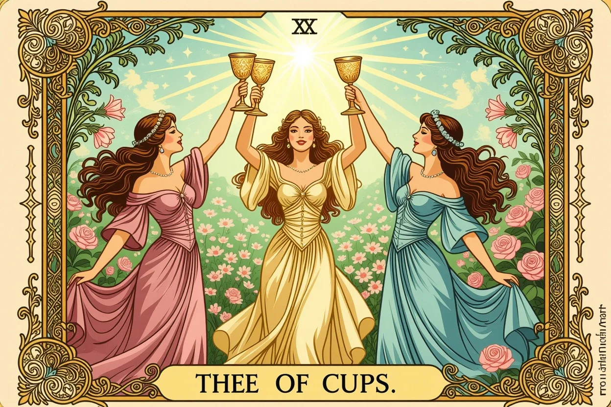 カップの3のタロットカード - 喜びと友情を表す神秘的なイラスト