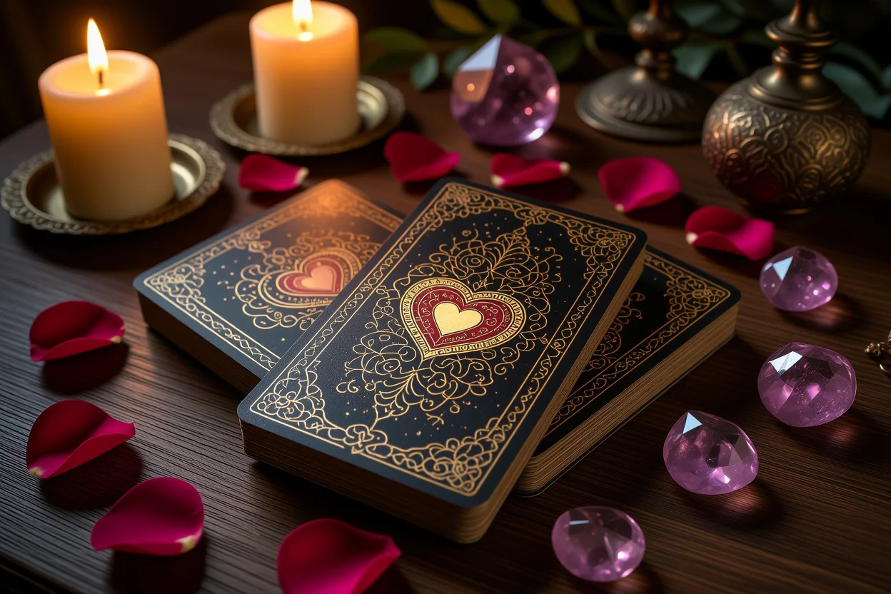 恋愛タロットカードのスプレッド、キャンドルライトと薔薇の花びらに囲まれた神秘的な占いの風景
