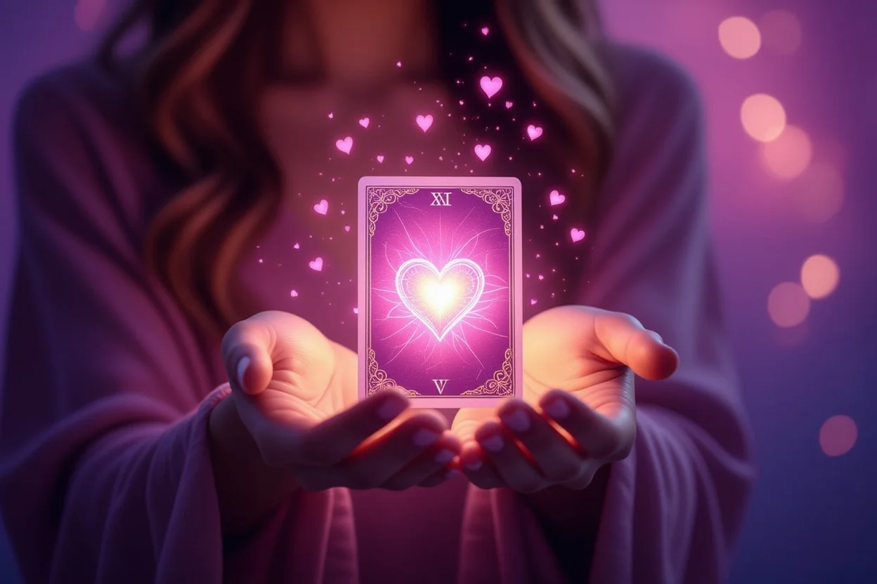 タロットカードを持つ女性の手、ピンクゴールドの光とハート形のエネルギーに包まれた恋愛占いのイメージ