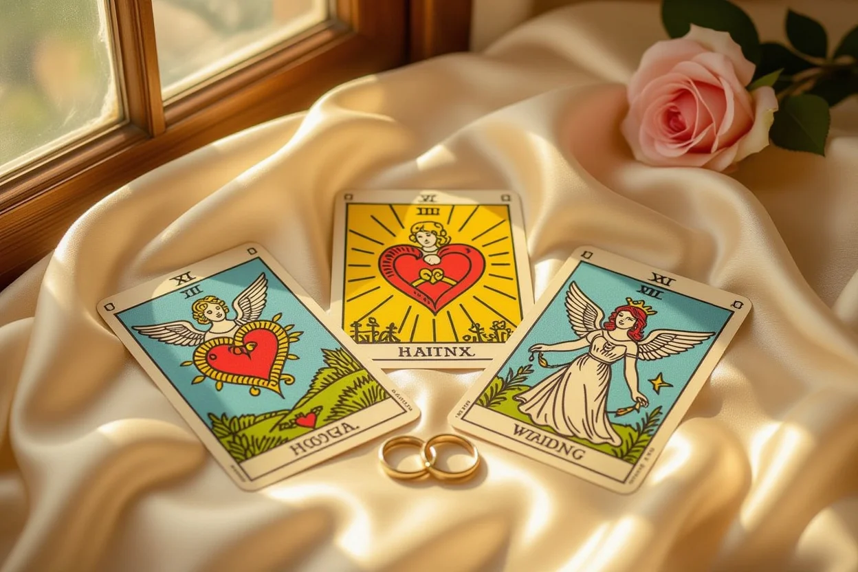 恋愛の三角形に配置されたタロットカード、ハートやキューピッドの絵柄、温かい朝日の中での恋愛占い